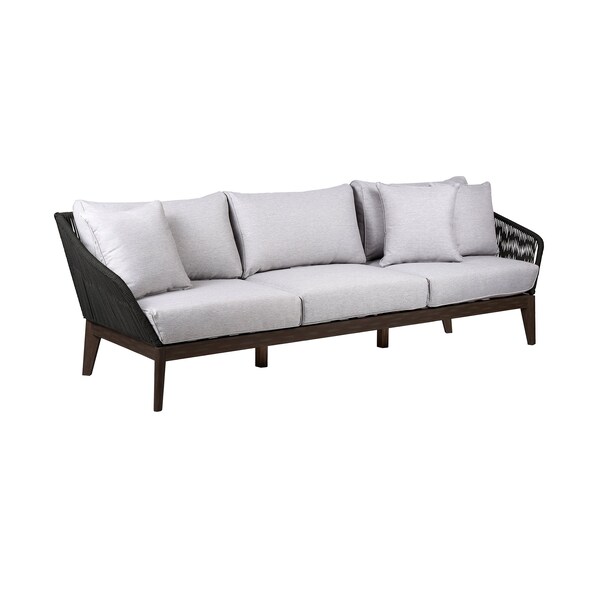 Armen Living Athos Indoor Outdoor 3 Seater Sofa in Dark Eucalyptus Wood with Charcoal Rope and Gray Cushions LCATSOWDDK - main